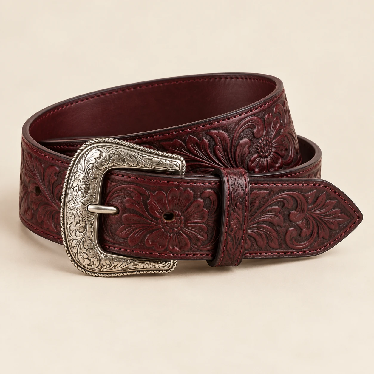 Sundown Floral, Burgundy, 7 cm wide leather belt