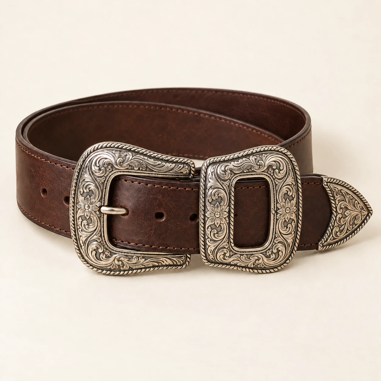 Ranch Double Buckle, Dark brown, 7 cm wide leather belt