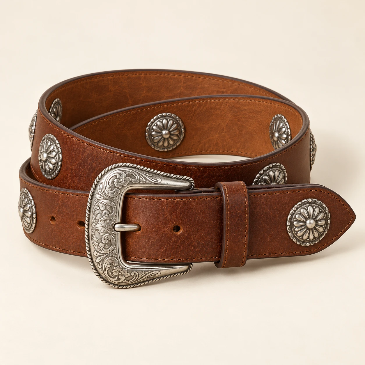 Desert Concho, Saddle brown, 7 cm wide leather belt