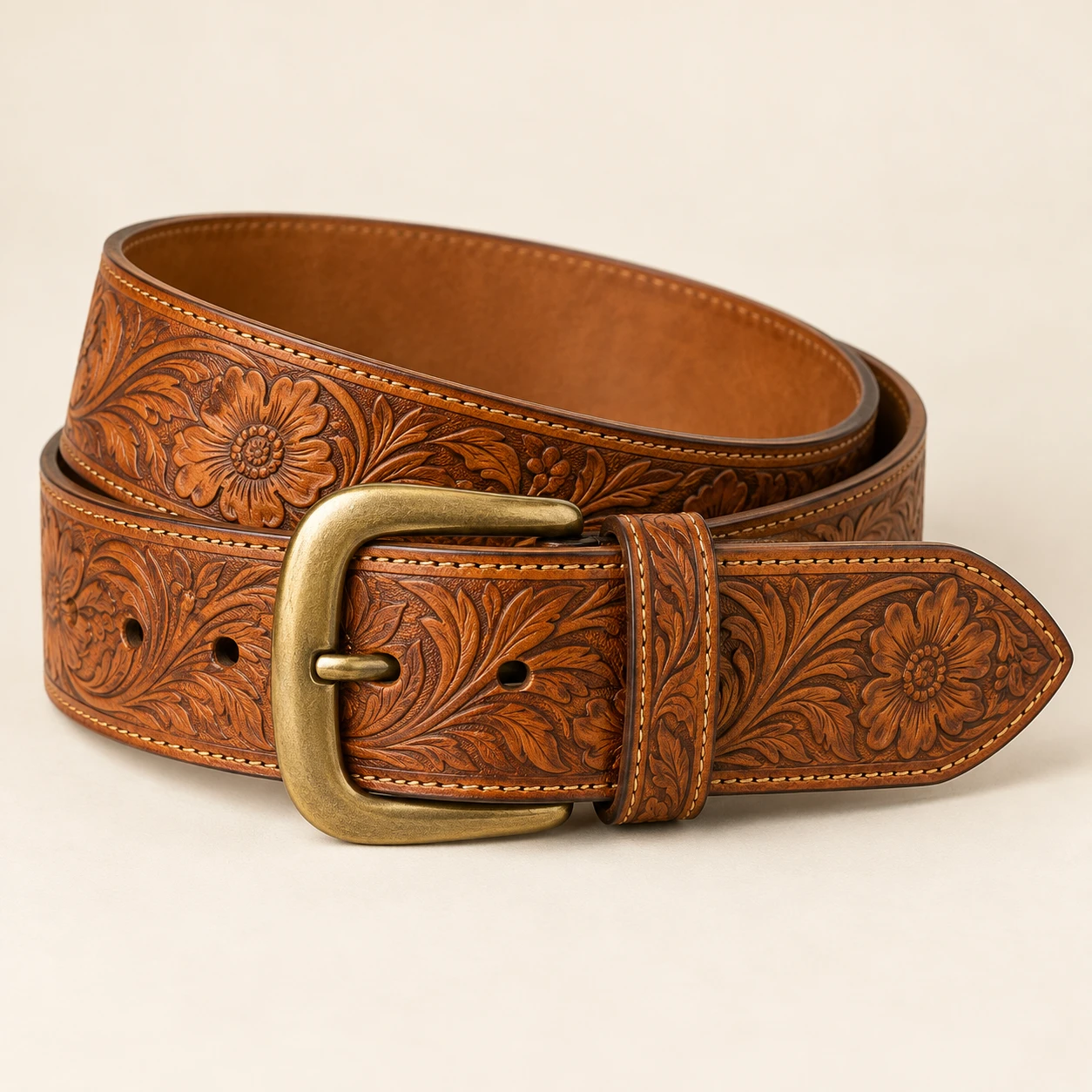 Prairie Bloom, Honey brown, 6 cm wide leather belt