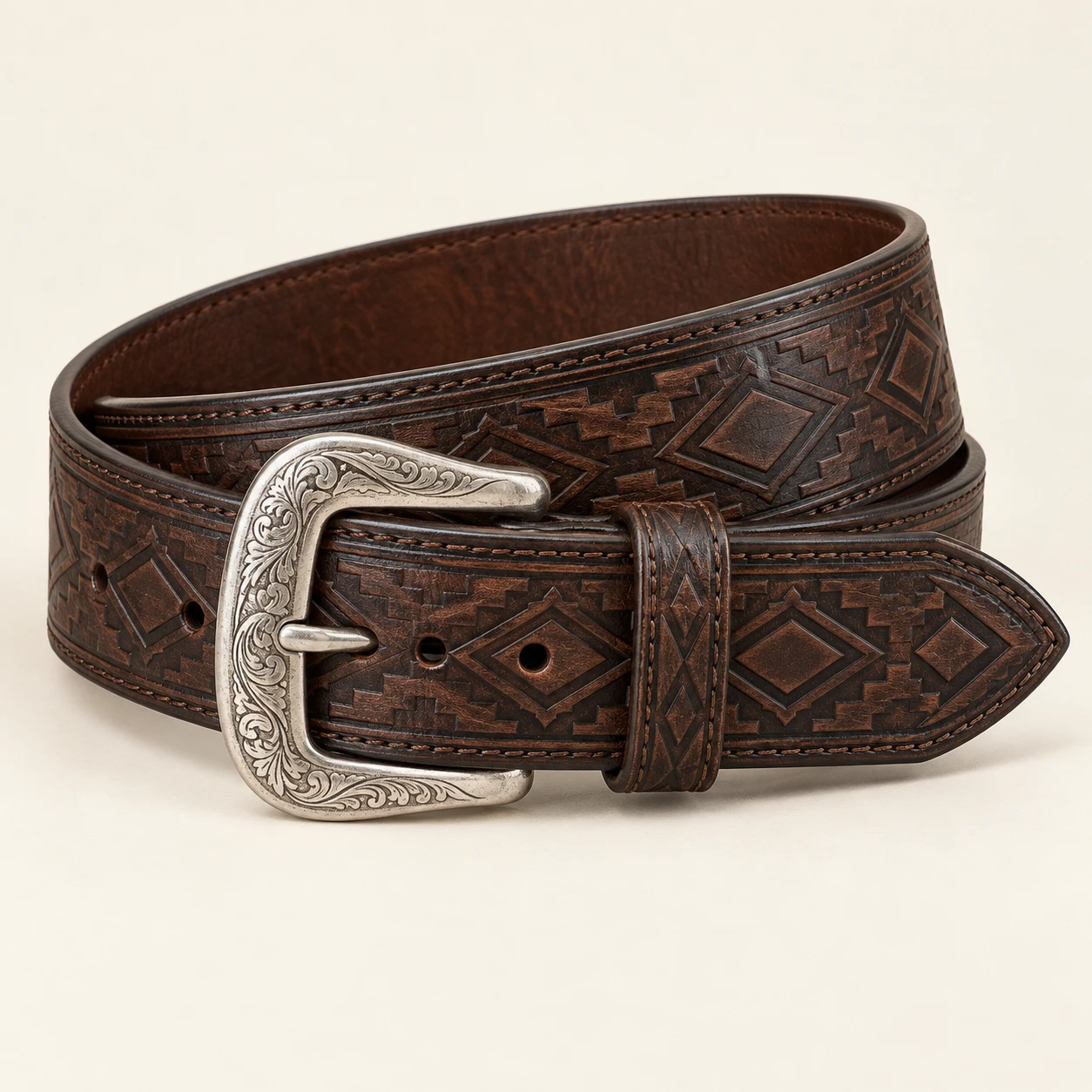Mesa Carved, Dark brown, 6 cm wide leather belt